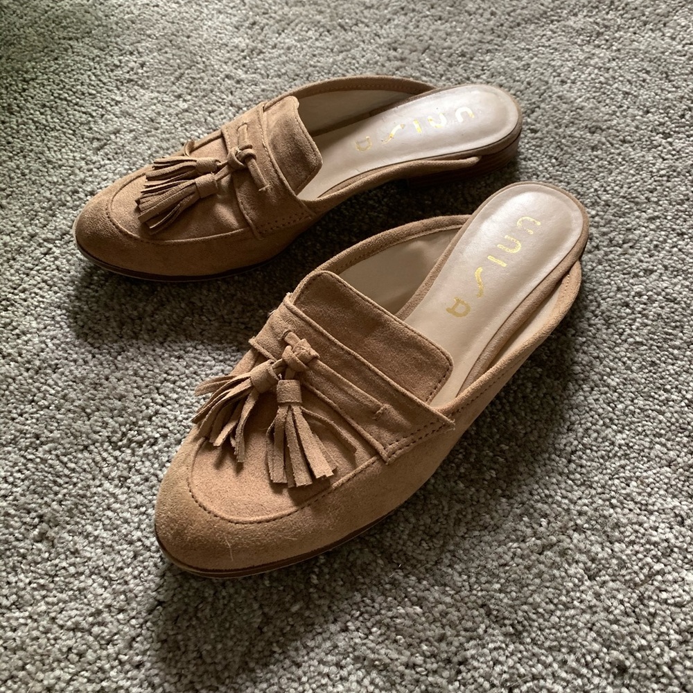 Camel colored penny loafer mules